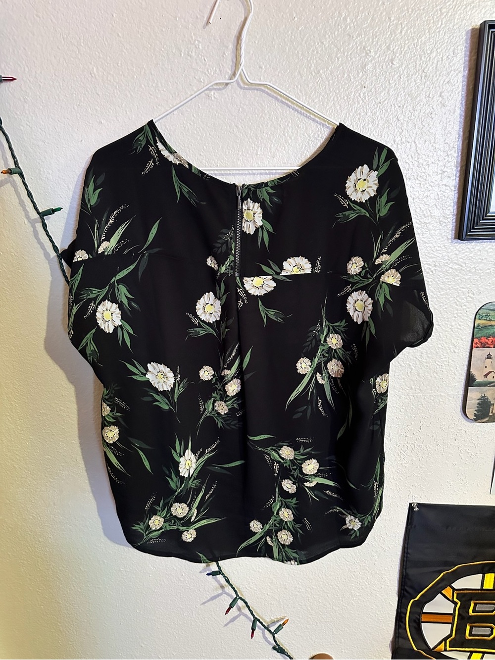 Maurices Black Floral Short Sleeve Blouse with White Flowers